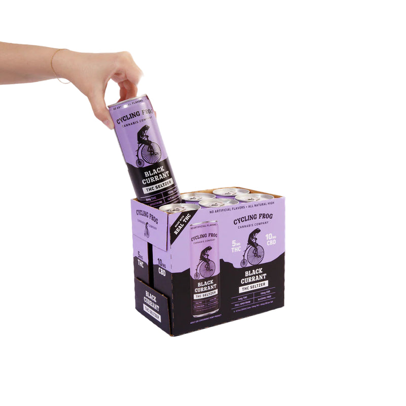 Cycling Frog | Seltzer Wild Cherry, Black Currant | THC (5mg/pza) + CBD Espectro Completo (10mg/pza) | 6 piezas (355ml/pza)